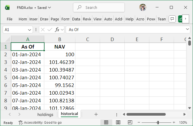 Figure 2: Excel file for FNDA